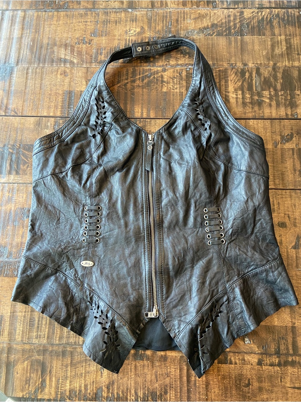 Harley-Davidson Black Leather Vest Women's Vegabond Leather Halter Top Shirt xl